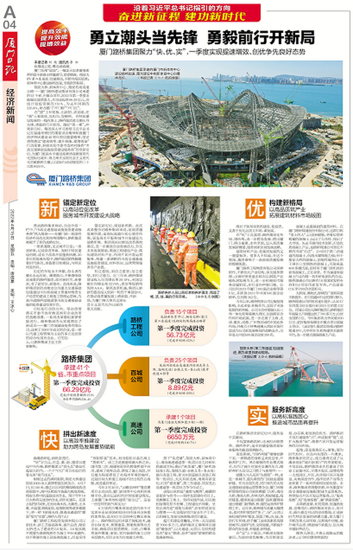 20220415【黨辦】廈門日報(bào)：勇立潮頭當(dāng)先鋒  勇毅前行開新局—— 廈門路橋集團(tuán)聚力“快、優(yōu)、實(shí)”，一季度實(shí)現(xiàn)提速增效、創(chuàng)優(yōu)爭先良好態(tài)勢_調(diào)整大小.png